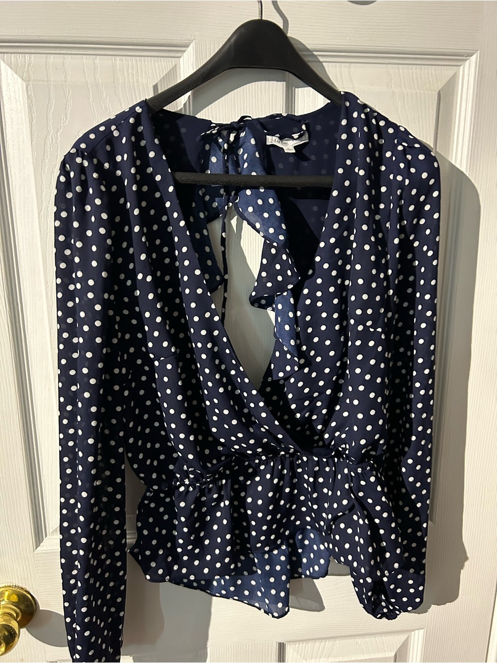 emory park Navy and White Polka Dot Wrap-Style Blouse